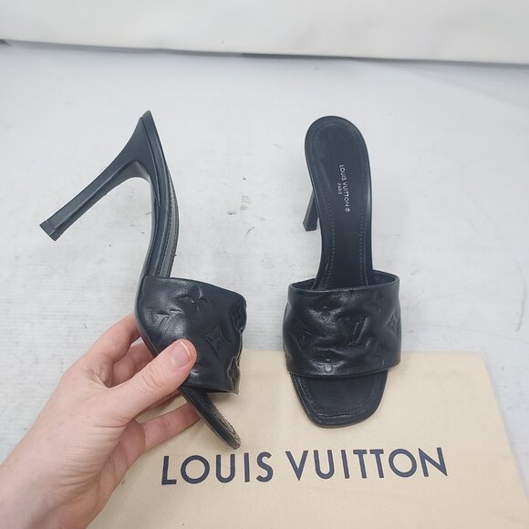 LOUIS VUITTON LV Monogram Black Embossed Revival Heel Sandal - Picture 1 of 13